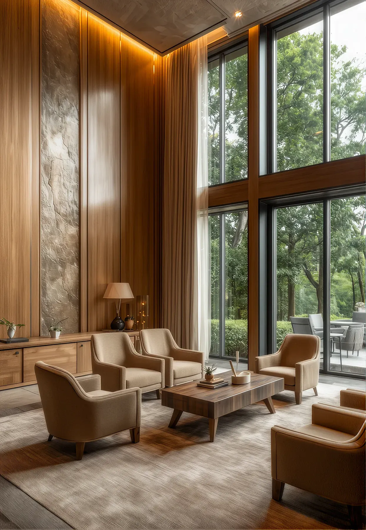 Luxury lounge interior with marble and full-height windows onto greenery