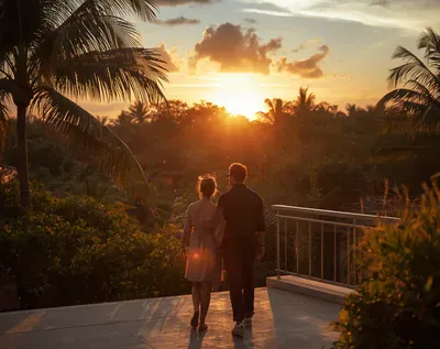 A couple watching a golden sunset through the palms
